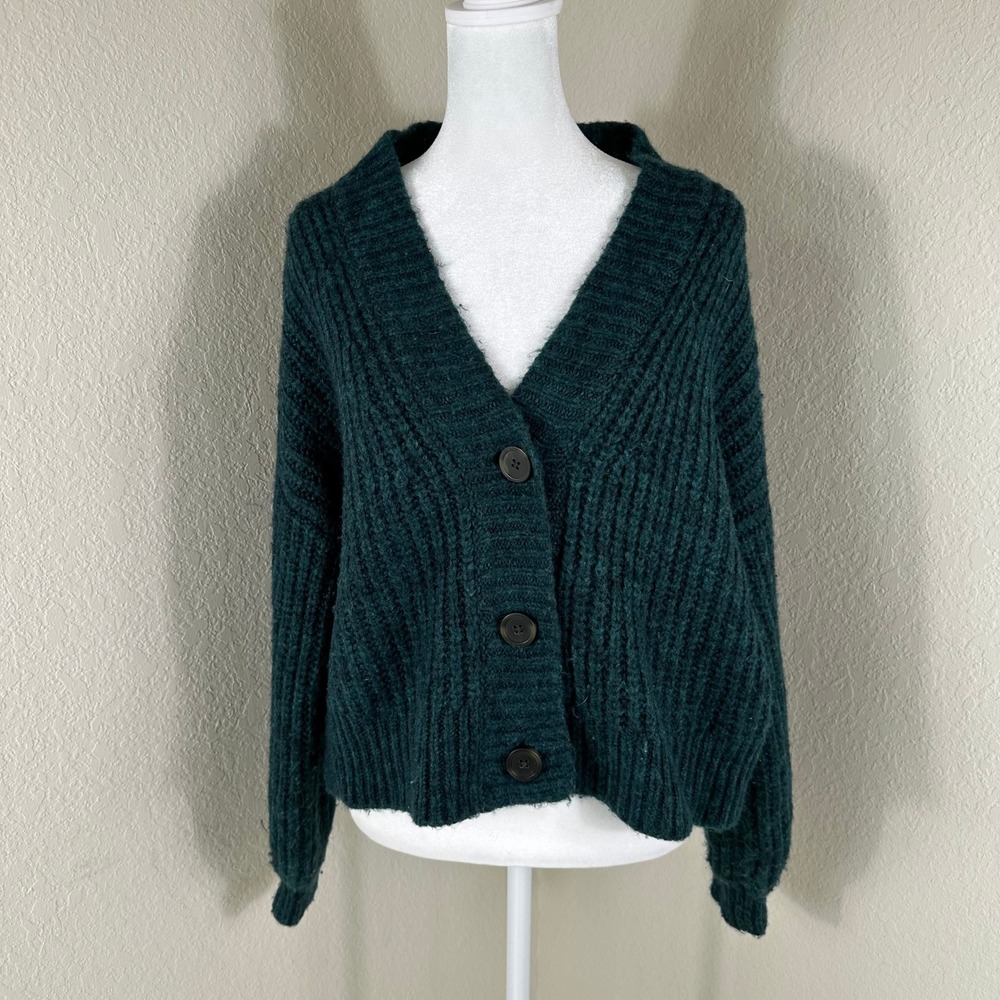 Madewell Cardigan Sweater Womens Medium Green Chunky Ribbed Knit Wool Blend - Picture 2 of 7